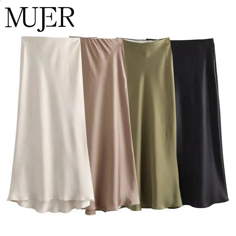 MUJER Woman Satin Skirt Women High Waist Long Skirts For Summer Black Midi Office Elegant Womens 251022