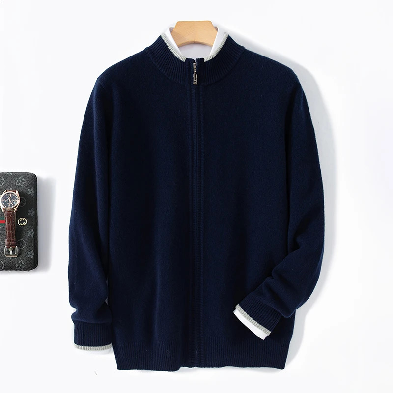 Mens 100 Merino Wool Warm Sweater Mock Collar Thickened Zippered Cardigan Autumn Winter Cashmere Knitted Montage Tops 251023