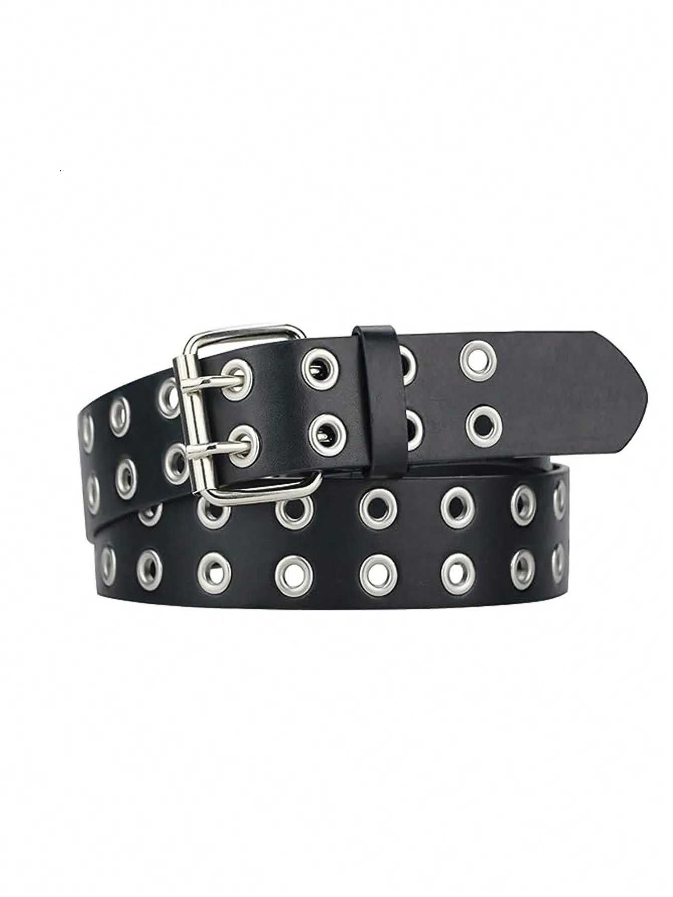 Black punk style personality Fashion belt Double riveted hole belt Black Metal Adjustable size for women men 110cm longXJ251023