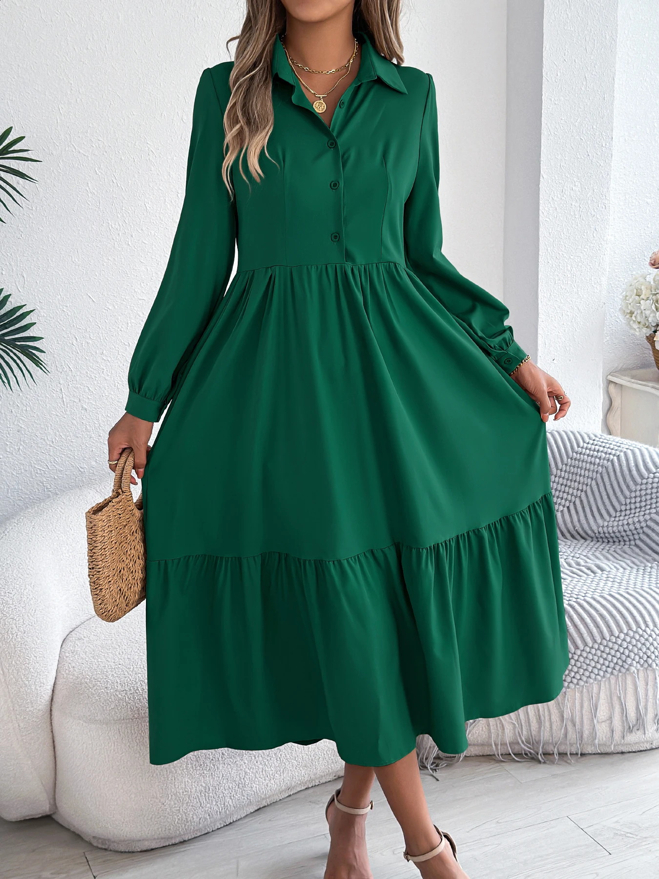 Casual Vacation Long Sleeved Turndown Collar SingleBreasted Dress Spring Autumn Fashion Womens Clothing 251022