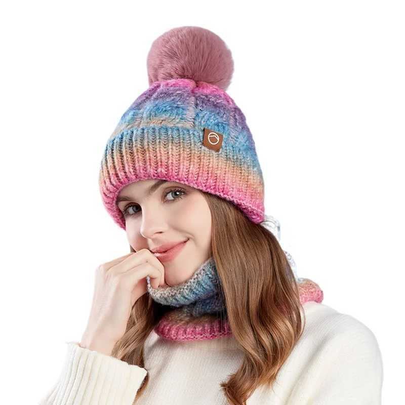 Winter Lady Warm Hat Scarf Twopiece Set Fece Thicke Gradual Change Color Knitted Skiing Hat Fashion Plover Hat for WenW251023