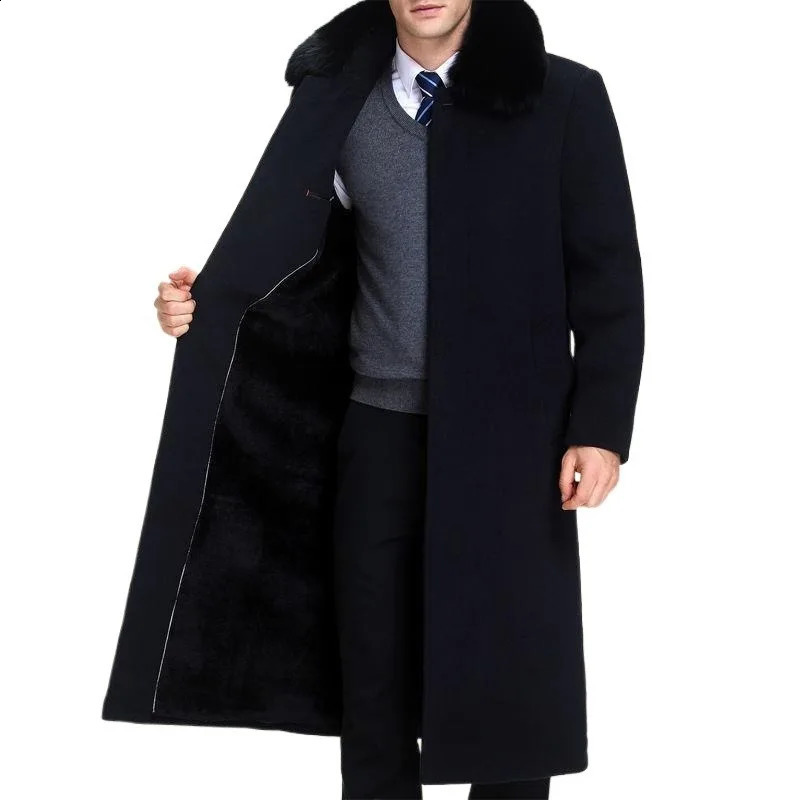 2025 Mens Wool Blend Winter Trench Coat Thickened Plush Warm Overcoat Windproof Cold Weather Long Jacket 251015