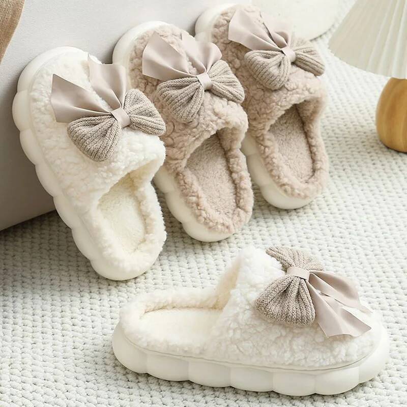 Cotton Slippers For Women Autumn and Winter Indoor home anti-slip plush Casual Bow Shoes Bedroom Flat Heels Fluffy Slides ddmythur - view 3