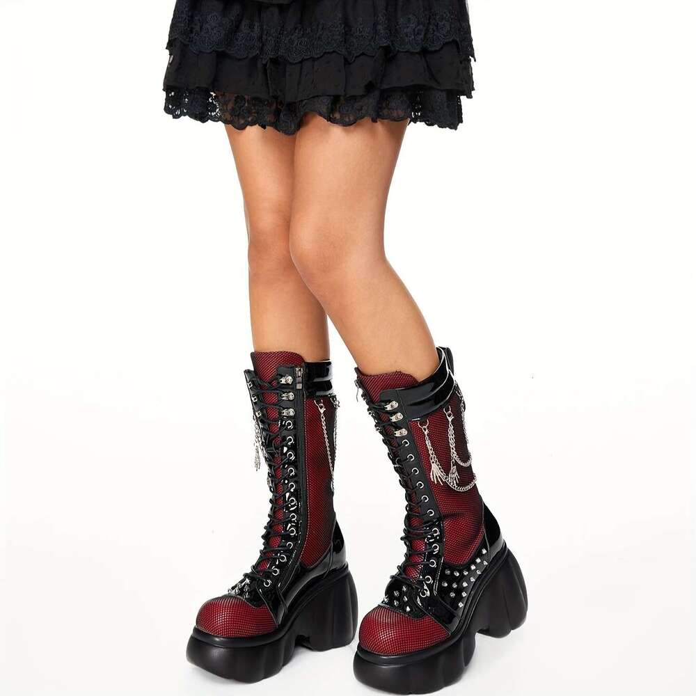 2025Fashion Studded Motorcycle Chunky Black Combat Ankle Booties With Chain Detail, Round Toe, High Heel, Faux Cover