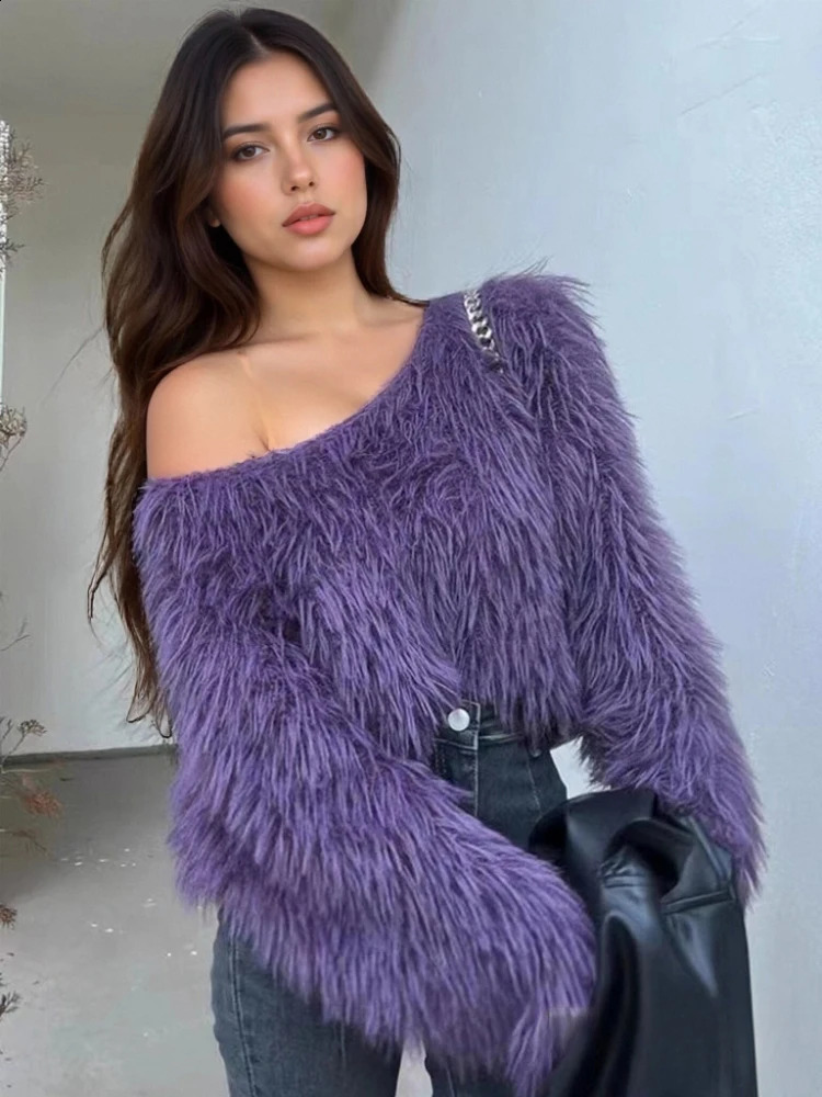 Fashion Fluffy Knitted Pullover Y2k Short Sweaters Women Sexy Off Shoulder Long Sleeve Tops Autumn Winter Womens Clothes 251023