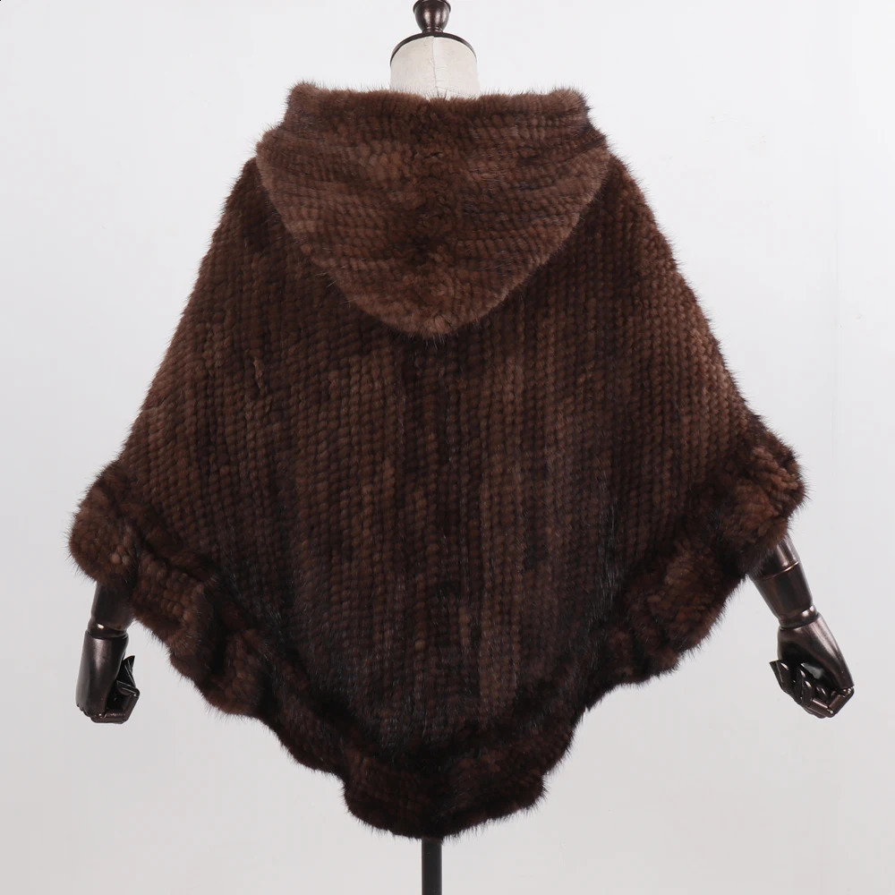 Women Natural Mink Fur Hooded Pashmina Coat 100 Genuine Shawl Lady y Hand Knitted Real Poncho 251022