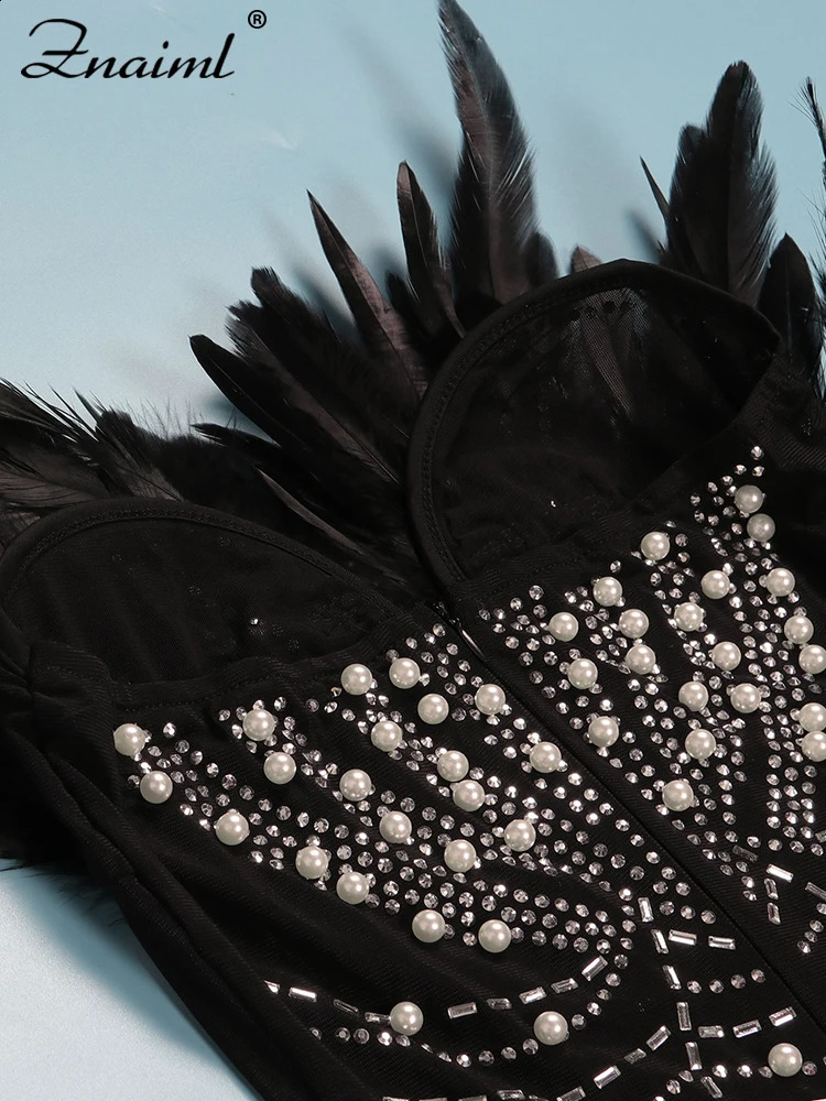Znaiml Sexy Feathers Rhinestones Backless Diamond Sheer Mesh Bodycon Dresses for Woman Rave Club Birthday Party Night Vestidos 251020