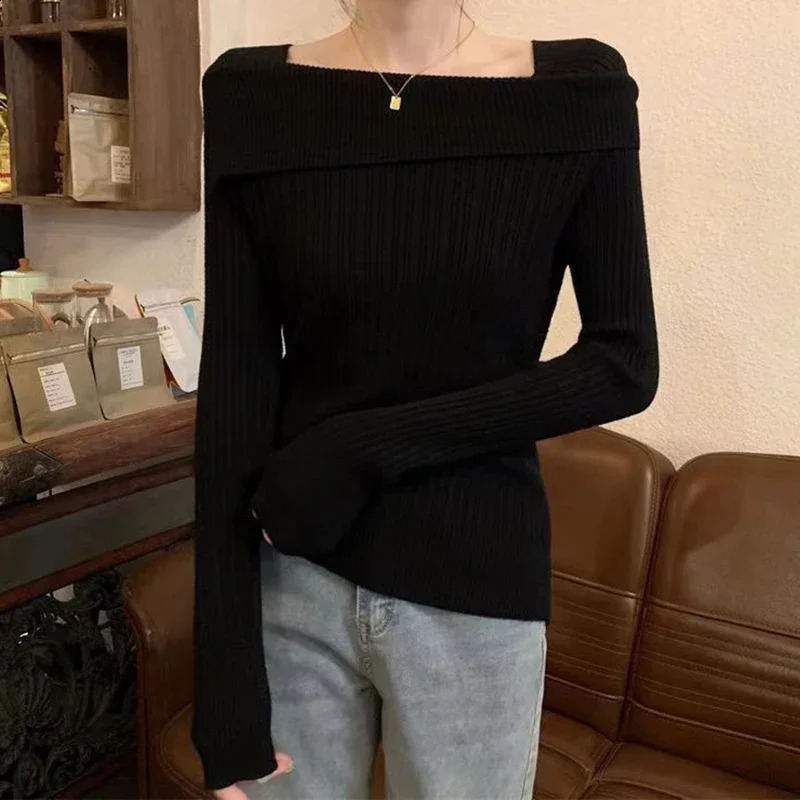 Solid Sexy Slim Off Shoulder Slash Neck Long Sleeve Knitting Sweater Women Jumpers Office Fashion 251023
