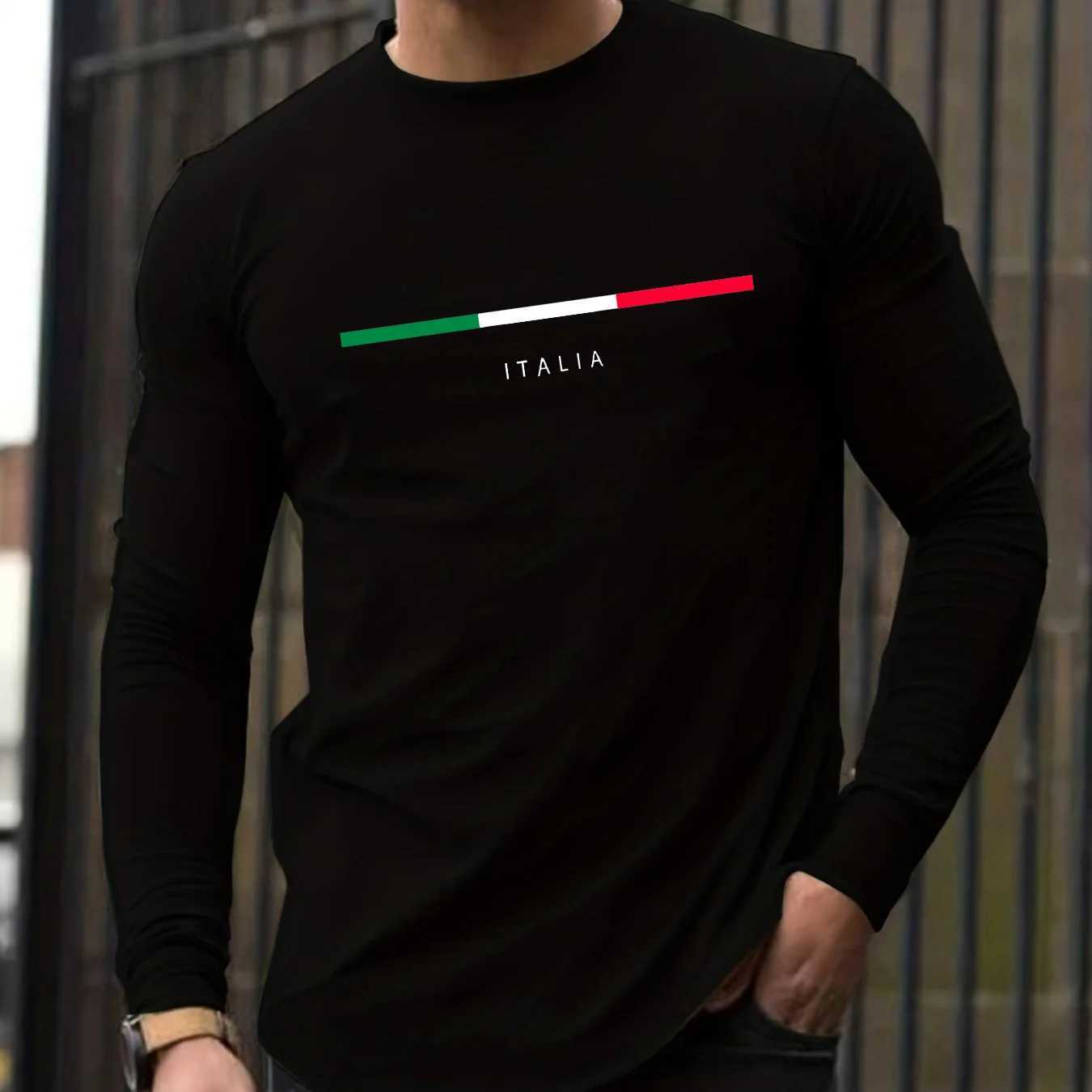 Mens Spring and Autumn 100 Cotton Loose Comfortable Casual ITALIA Letter Pattern Printed Round Neck Long Sleeve TshirtXJ251023