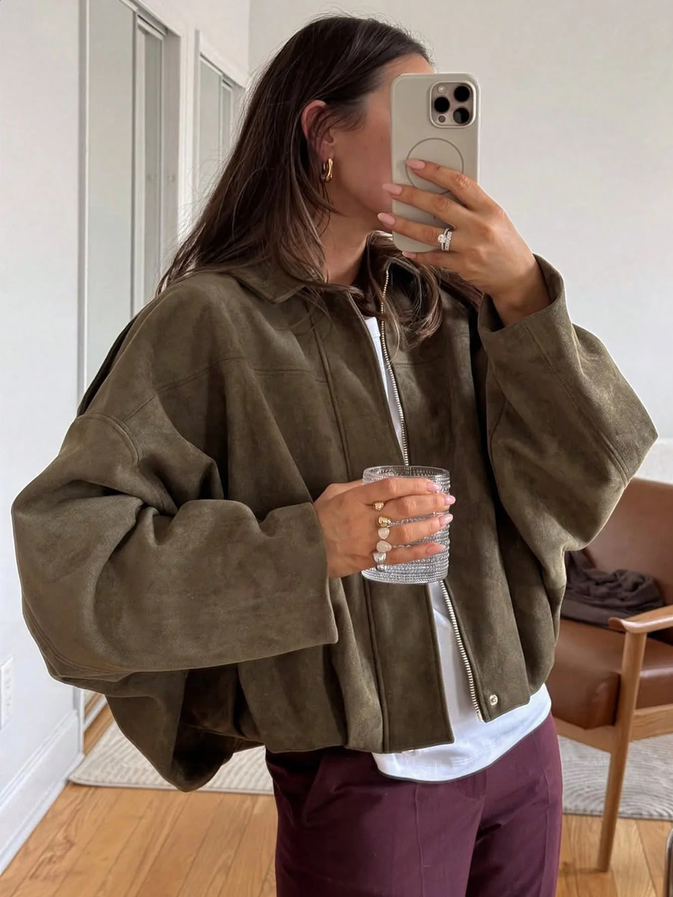 Vintage Women Green Oversize Bomber Jackets Fashion Ladies Elegant Loose Soft Outfits Jacket for Party Female Chic Clothes 251013