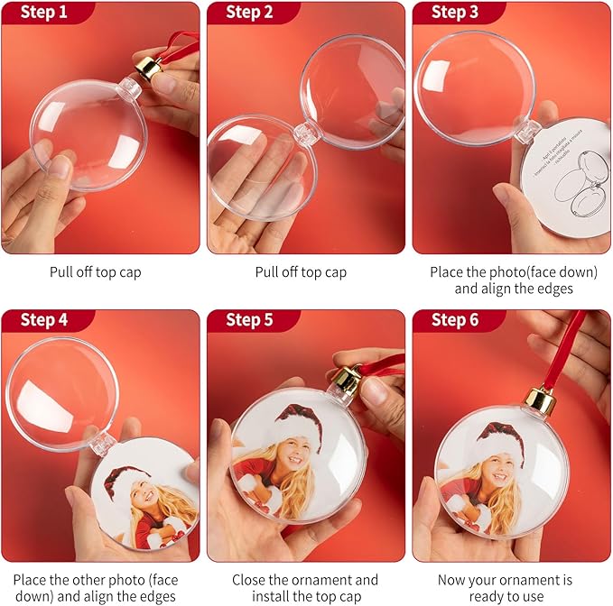 Christmas Photo Ornaments Ball with Your Own Photos Clear Plastic Hanging Picture Frame Ornaments Bulk DIY Personalized Baubles for Christmas Tree Dec