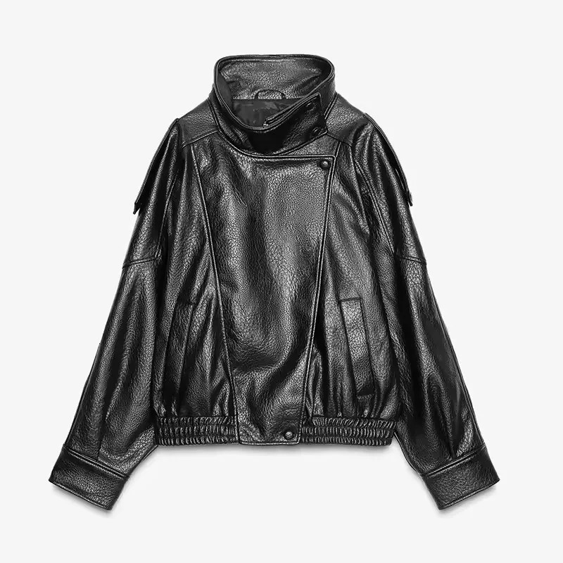 American Y2K Faux Leather Stand Collar Jacket Mens Womens Black Zipper Jacket Stitching Retro Motorcycle Clothing Casual Coats 251020