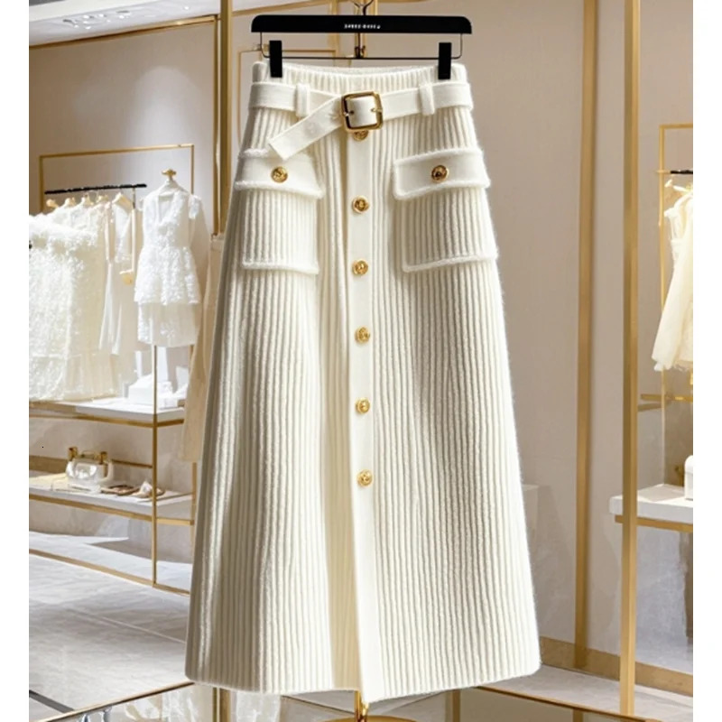 Ladies Winter HighGrade Sense Unique White HighWaisted AKnit Buttons Temperament Slim Fashion Joker Long Soft Skirt 251020