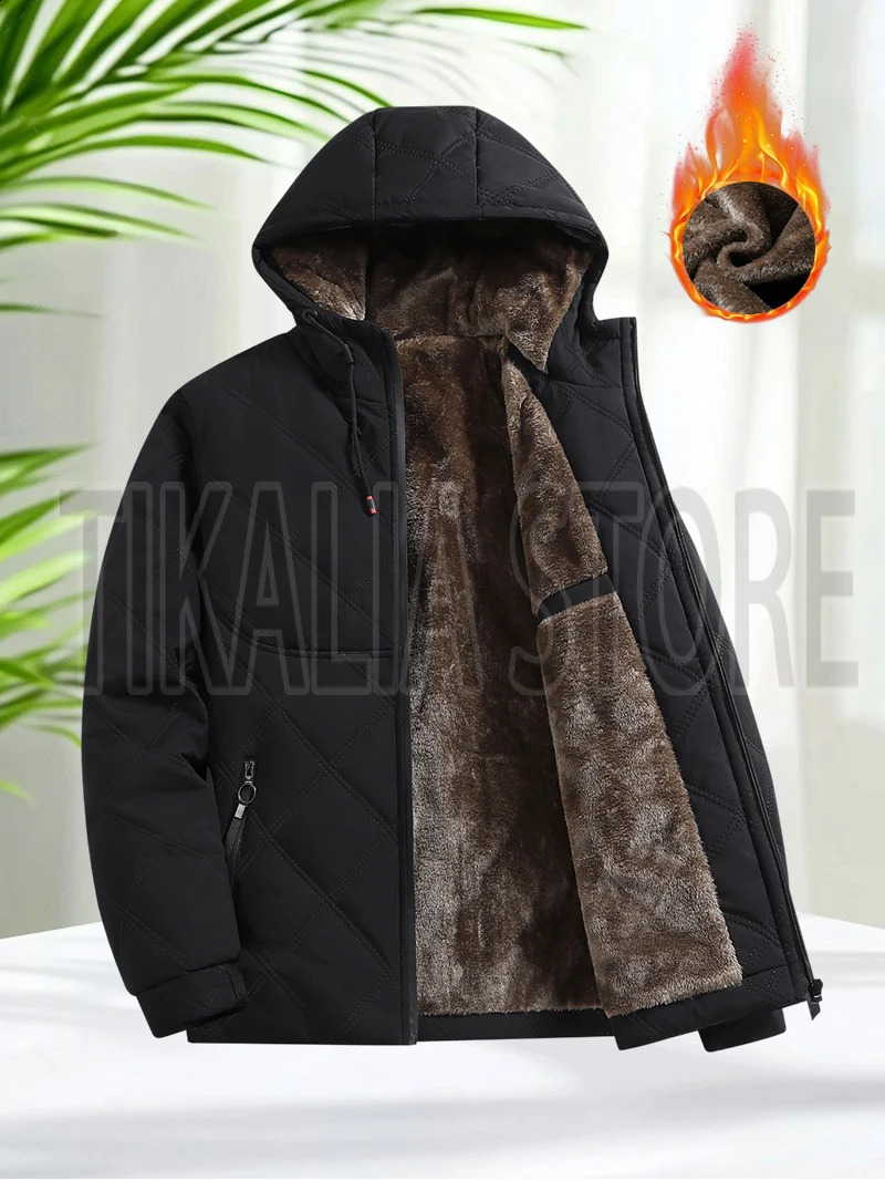Mens Hooded Quilted Cotton Padded Jacket Winter Warm Coat with Sherpa Fleece Lining Thick Insulated Parka for Cold Weather 251015
