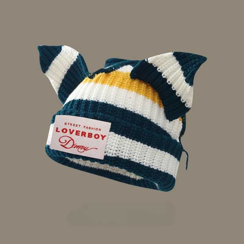 Stripe Hat Niche Design Personalized Cat Pig Ears Knitted Wool Hat Cute Warm Winter Hats for Men Women Beanies SkulliesXJ251023
