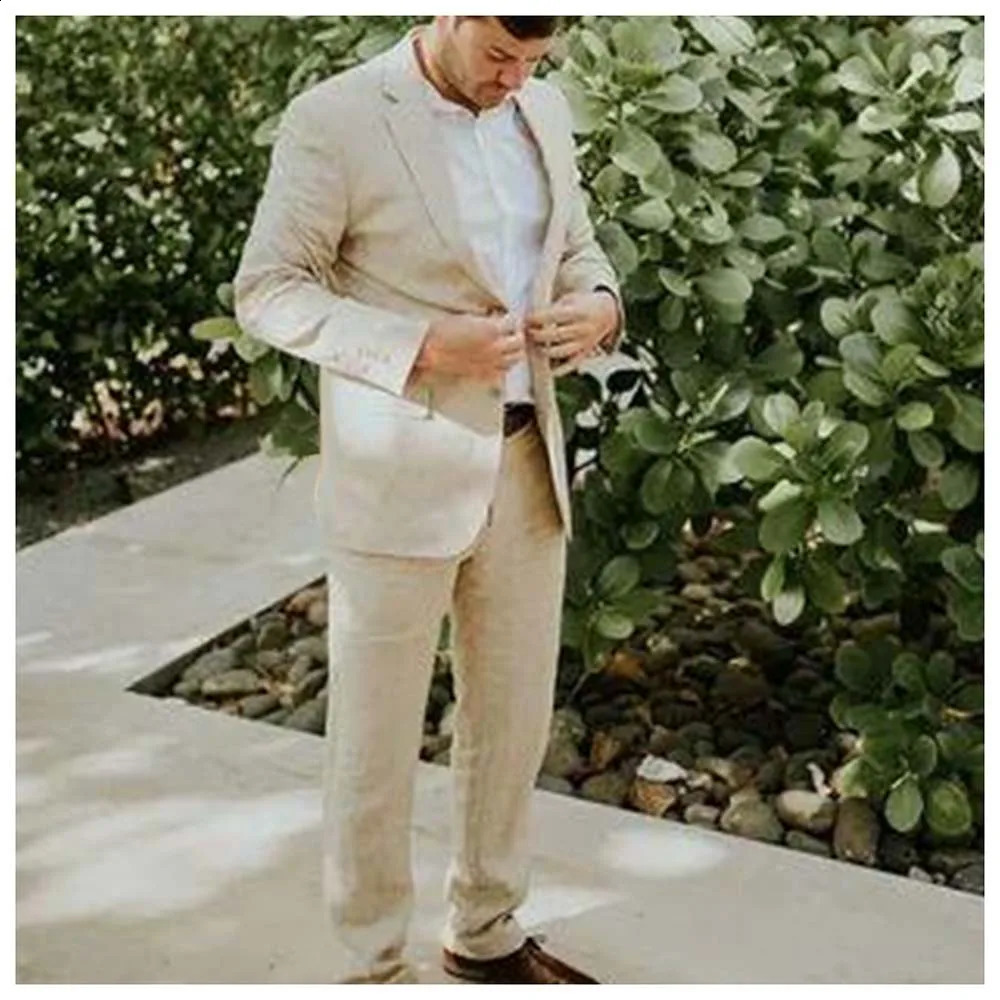 Chic Linen Beige Suits for Men Flat Front Single Breasted Notch Lapel Skinny Blazer Casual 2 Piece Jacket Pants Male Clothing 251023