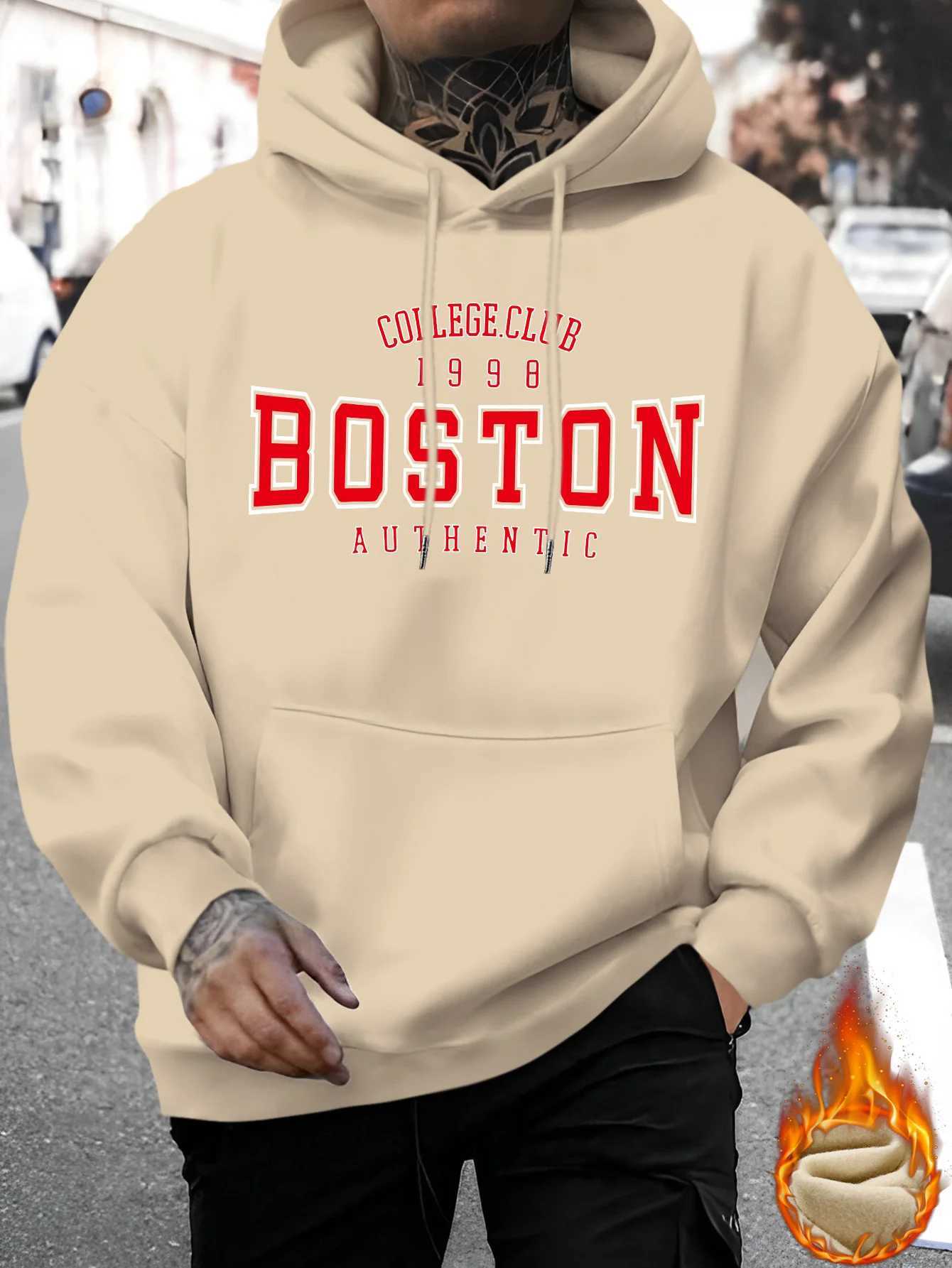 Mens autumn and winter casual fashion loose Boston letter pattern print long sleeved hooded sweatshirt warm pulloverT251023