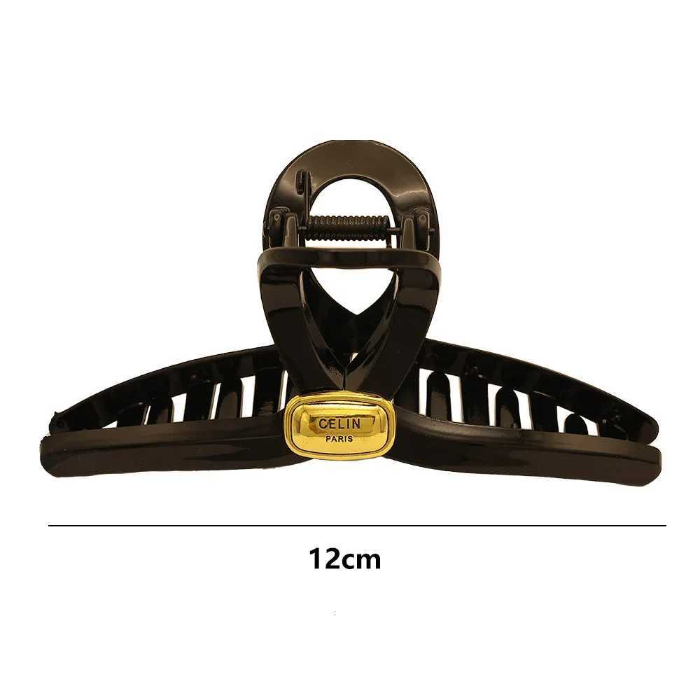 And Simple 14cm Gold Tag Bright Black Hair Clip Fem Ol Fashion Hairpin Gold Label Prum Grab Clip Simple Heaear Y251023
