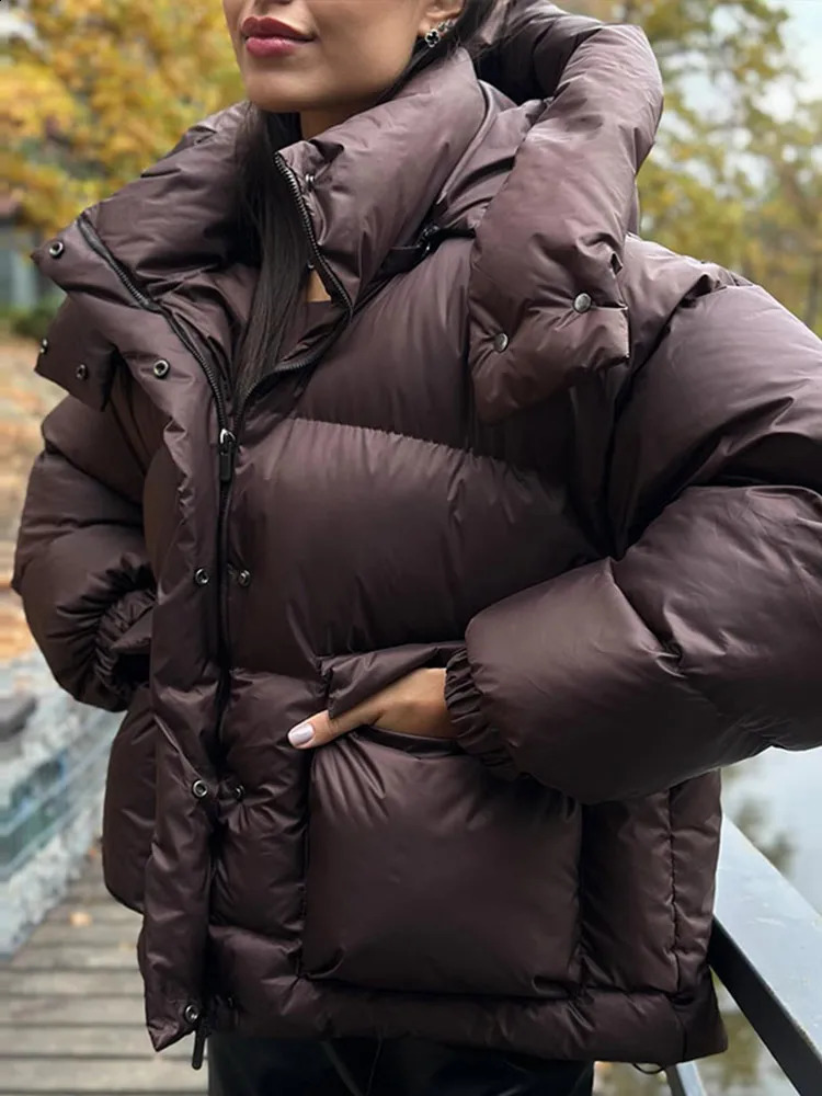 Casual Hooded Padded Jackets Womens Loose Full Sleeves Zipper Pockets Stand Collar Coats Autumn Winter Ladies Outwear 251021