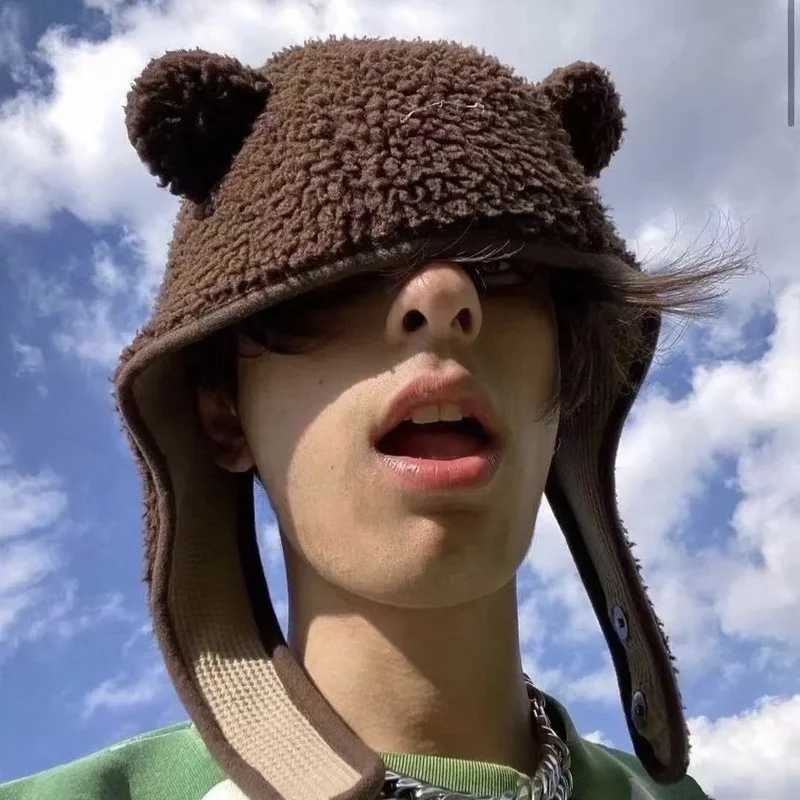 Y2K Bear Ear Bber Hats Men Wen Safety Bear Hat Rockwool Buck Ear Protector Hip Hop Beanies Outdoor Ski HatW251023