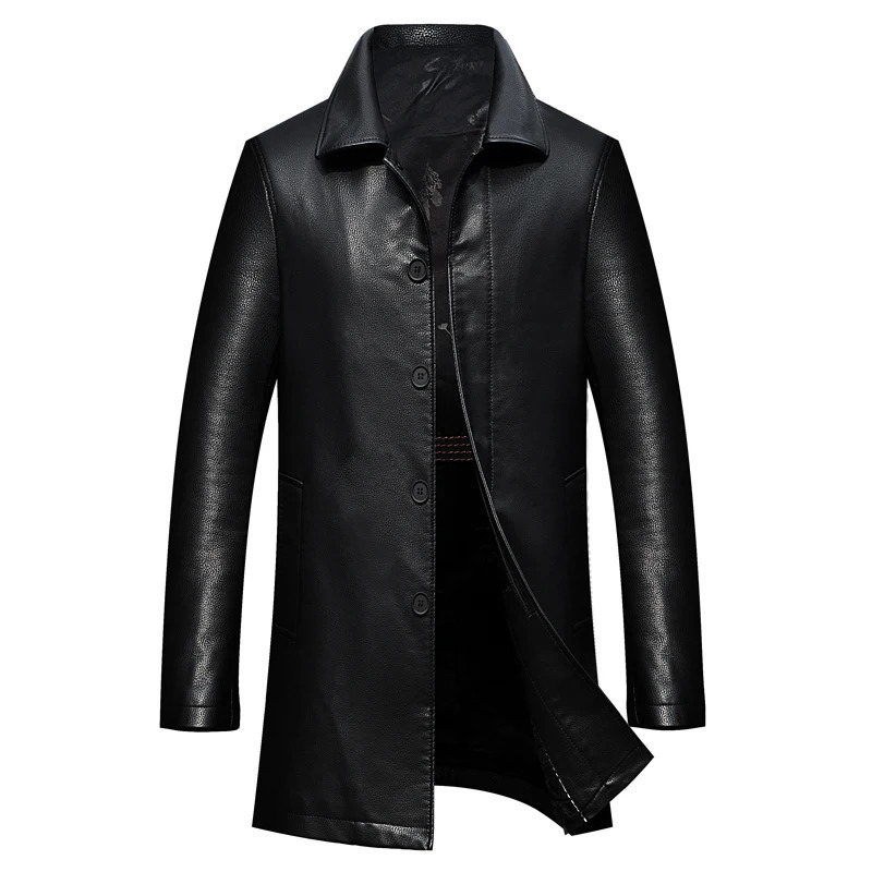Mens Long Leather Trench Coat Autumn Winter HighEnd Business Casual Lapel Velvet Trim Fashionable Elegant Outerwear 251014