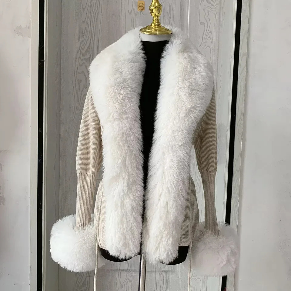 Women faux fur knitted cardigan with fox whole collar Autumnwinter y fashion sexy artificial 251022