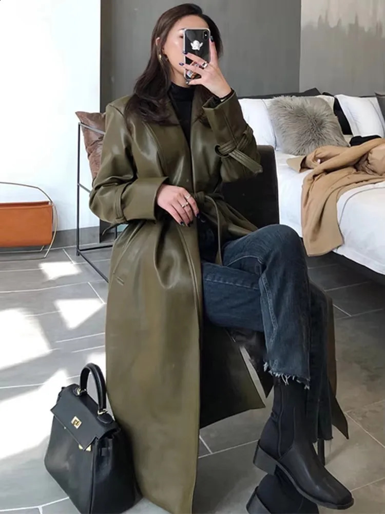 Mauroicardi Spring Autumn Long Waterproof Pu Leather Coat Women Sashes Elegant y Chic Korean Fashion Clothes Overcoat 251017