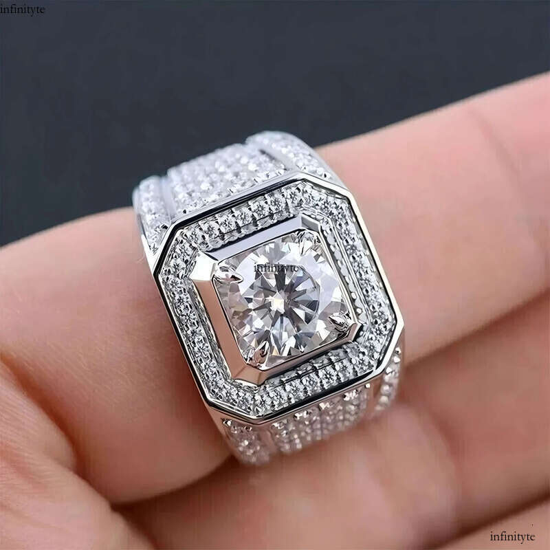 FOXI Full Dia 2.5Ct Round Cut Real Mens Wedding Sterling Sier White Gold Plated Moissanite Pinky Ring 111
