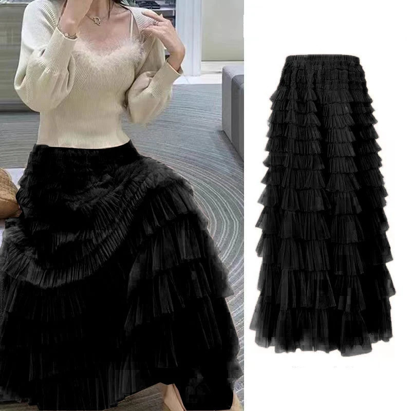 Summer Spring Womens Multilayer Ruffles Tulle Skirt Pleated High Waist Fluffy Maxi Fairy Cake Dress Long Tutu Party 251022