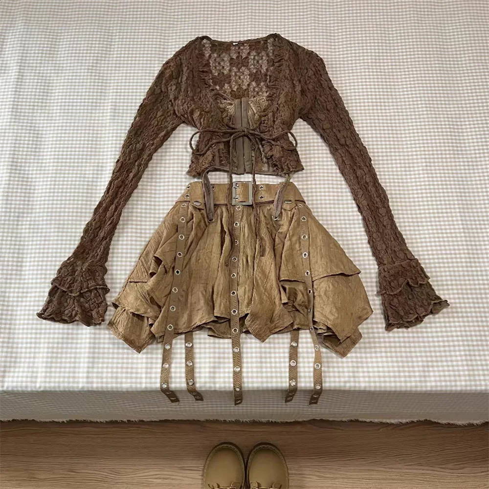 Fashion Harajuku Vintage 3 Piece Set Woman Short Cardigan Slim Vest Y2k EGirl High Waist Skirt Girls Korean Style Suit 251016