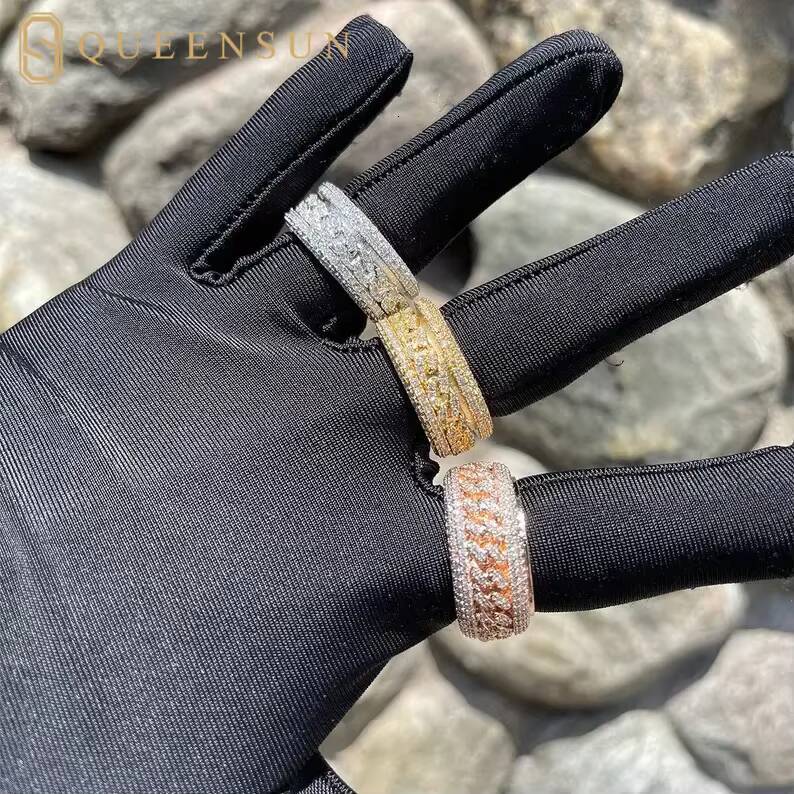 QUEENSUN GRA Moissanite D VS 10K 14K 18K Mens and Womens Hip Hop Diamond Rings Cuban Rings