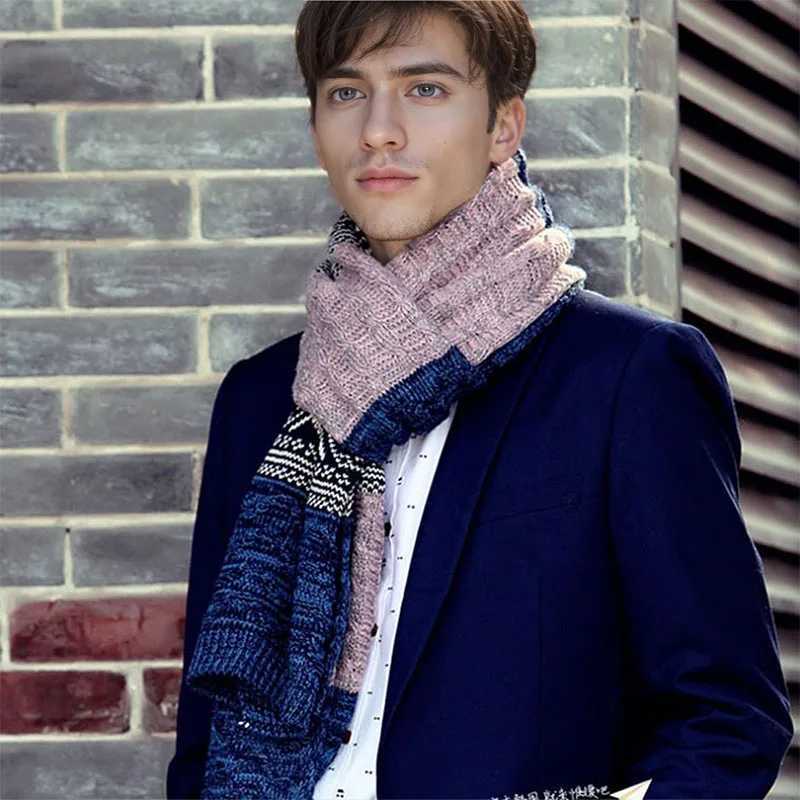 Winter Mens Scarf Checkered Scarf Casual Knit Keep Warm Neckerchief Patchwork Wool Cashmere Scarf AC086 J251113