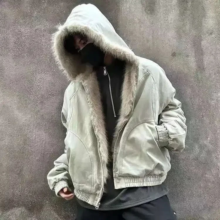winter retro american woolen collar hooded cotton jacket thick plush top men street hip hop gothic harajuku oversize coat 251015