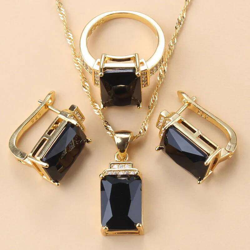 Arab Gold Color Jewelry Dubai Bridal Wedding Costume Black Zirconia Bracelet Clip Earrings African Necklace Sets For Women