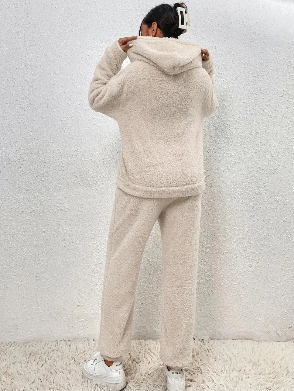Autumn Winter Fashion Women Casual Hooded Sweatshirt Leg Pants 2 Piece Set Warm Furry Plush Trousers Suit Female Outfit 251022