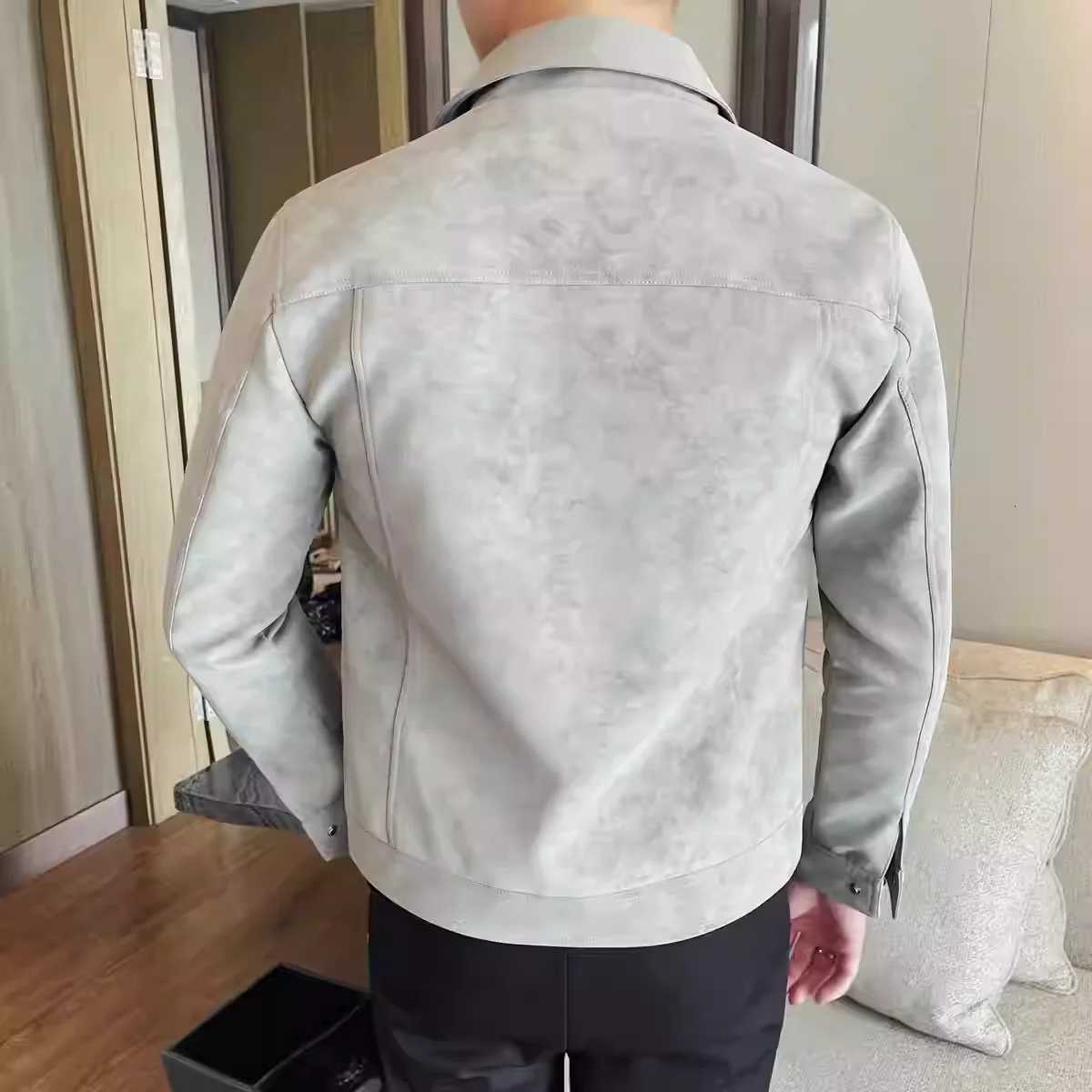 Frosted PU Leather Jacket For Men Fashion Front Pockets Decor Turn Down Collar Mens Casual Jackets and Coats Slim Fit All Match W251023