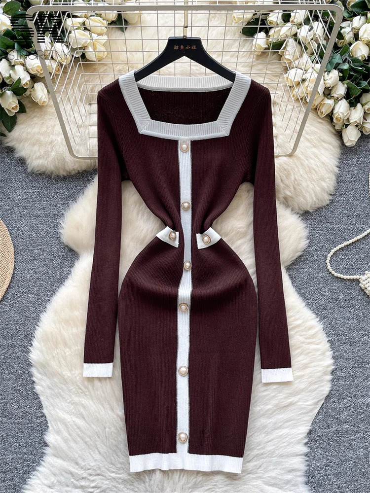 SINGREINY French Knitted Dress Ladies Color Block Long Sleeve Pearl Button n Square Collar Autumn Women Bodycon Chic 251022