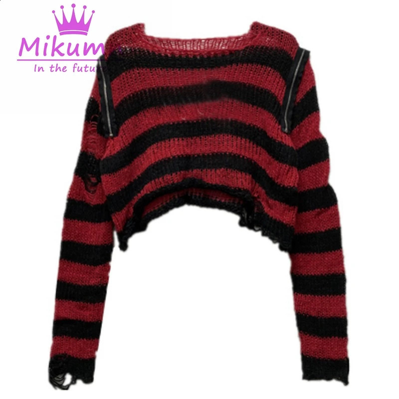 Harajuku Y2k Punk Rock Zipper Sexy Off Shoulder Sweaters Women Gothic Black Grey Red Stripes Broken Hole Loose Knitted Jumpers 251023