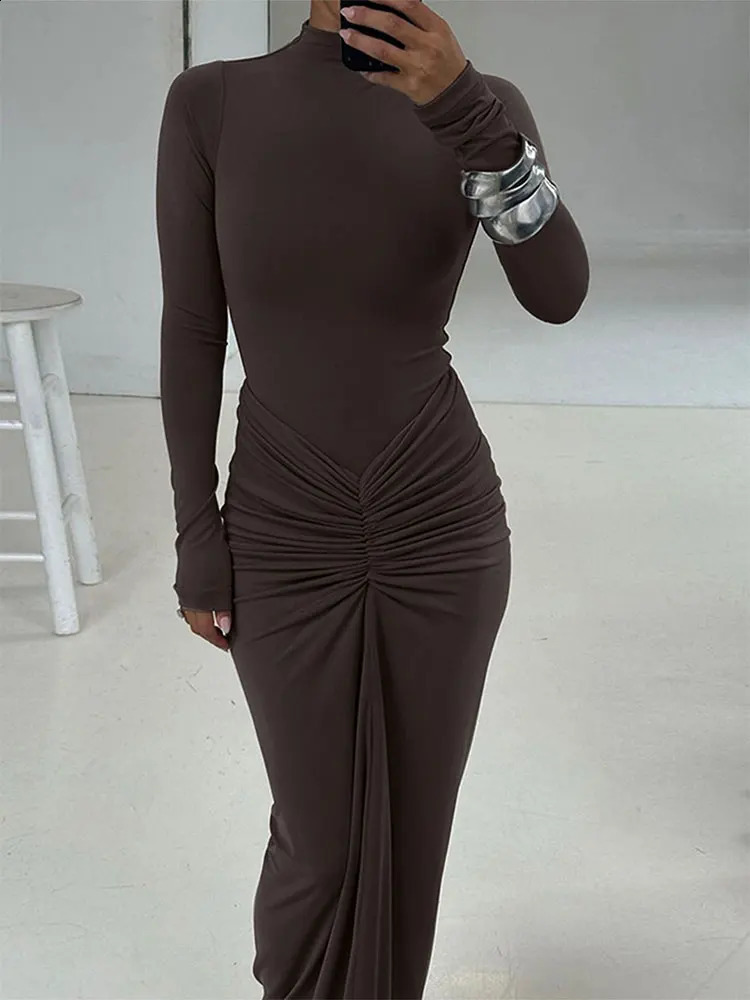 Autumn Women Dresses Streetwear Solid Sexy Fashion Folds ONeck Long Sleeves Casual Slim Maxi Elegant Knitted Dress 251022