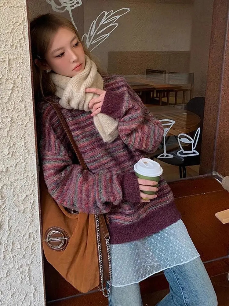 American Retro Striped O Neck Sweater Women Winter Y2k Knitwear Loose Fit Sweater Pullover LongSleeve Oversized Tops Streetwear 251023