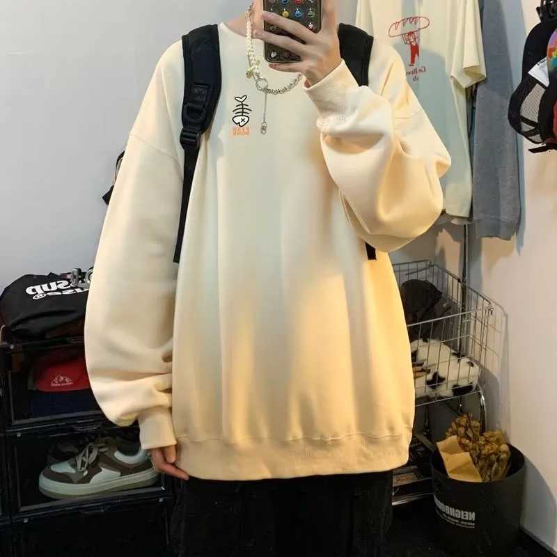 M8XL Autumn Men Oversized Sweatshirts Fashion Loose Simple Graffiti Fishbones Print Long Sleeve Plus Velvet Couple ClothesT251023