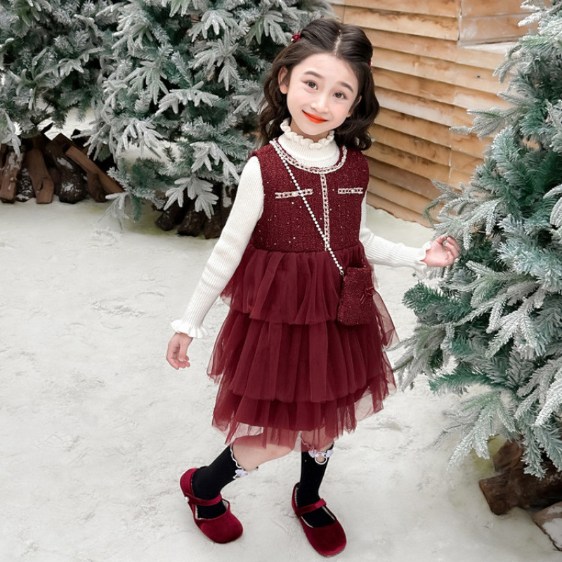 Children's designer autumn and winter fashion new girls' wool lined thick vest dress two-piece set winter set