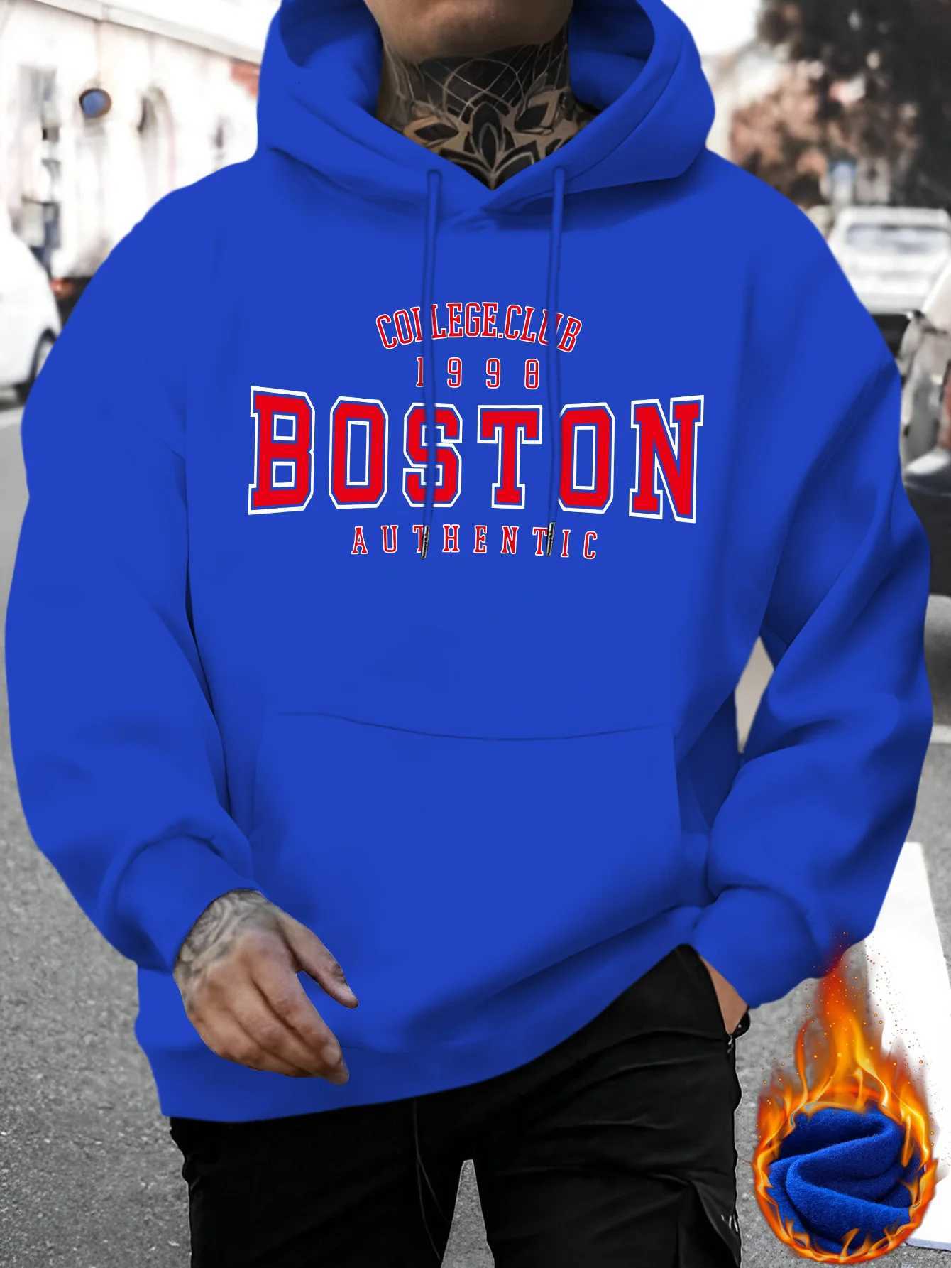 Mens autumn and winter casual fashion loose Boston letter pattern print long sleeved hooded sweatshirt warm pulloverT251023