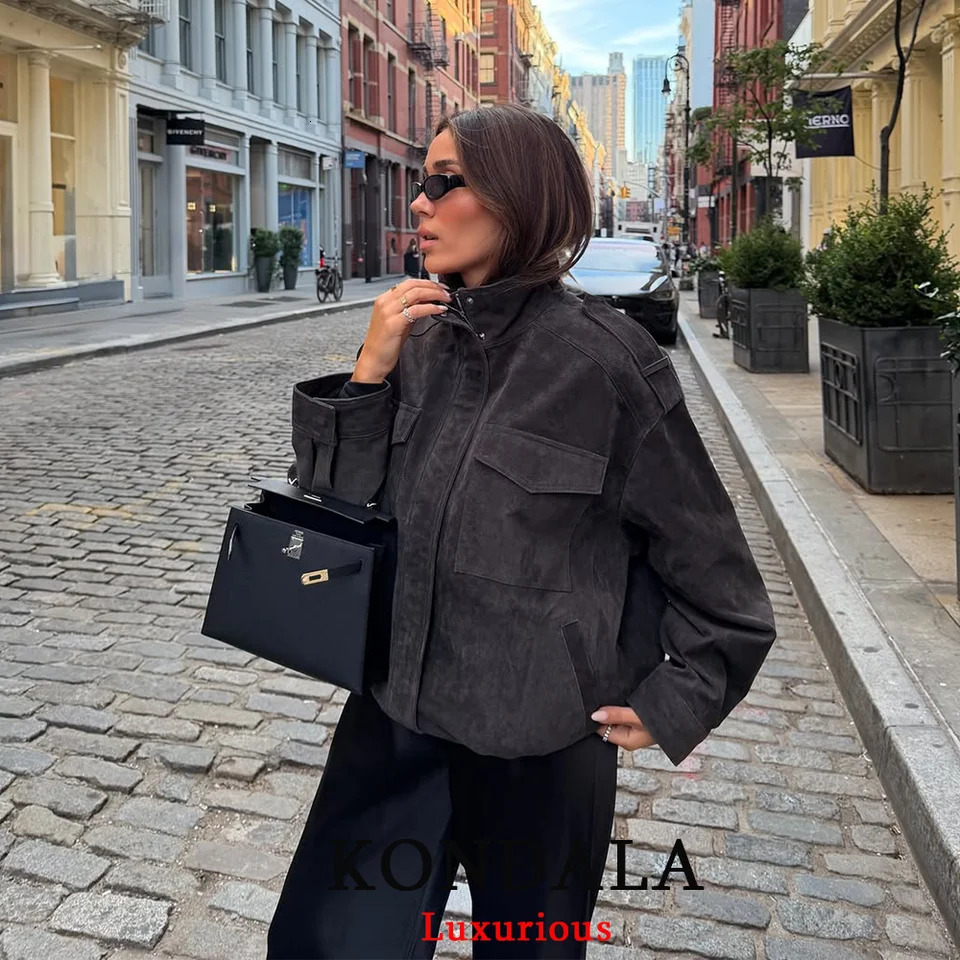 KONDALA Chic Suede Women Bomber Jacket Women Long Sleeve Pockets Straight Loose Coat Fashion Fall Winter Streetwear Outwear 251020