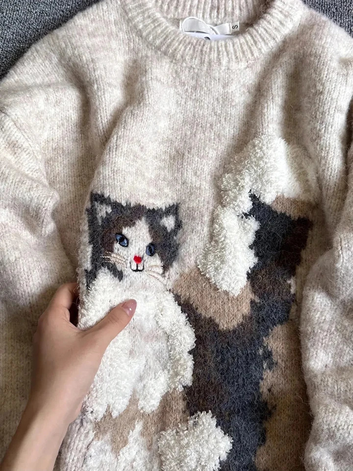 Cute Cat Knitted Sweater Women Y2K Korean Loose Soft Lazy Style Warm Pullover Fashion Autumn Warm All Match O Neck Jumpers 251023