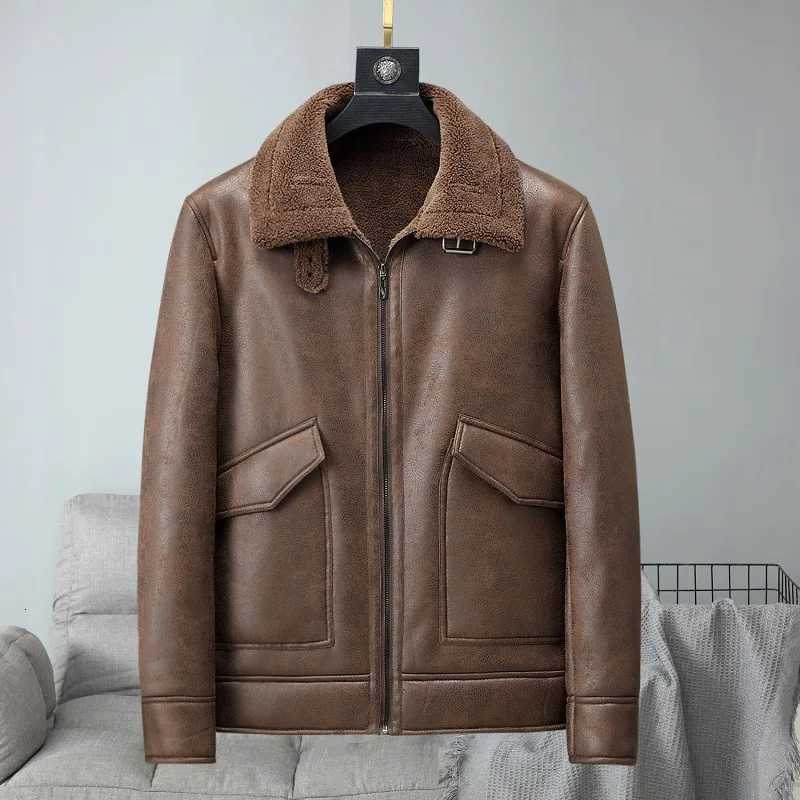 Leather Coat Men Plus Thick Fleece Men Fur Collar Velvet Autumn and Winter New Thickened Youth Main Mens Winter Leather Coat W251023