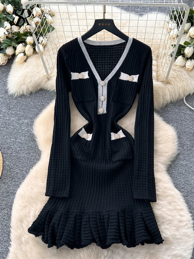 SINGREINY Chic Color Block Midi Dress Women V Neck Buttons Elastic Skinny n High Quality Knitting Sweater Ruffles 251022