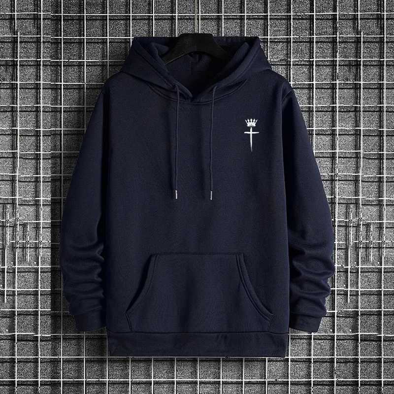 2025 Autumn Winter Mens Sweatshirt Cross Crown Hooded Long Sleeve Pure Color Pullover Male Urban Fashion Casual Sporty HoodiesT251023