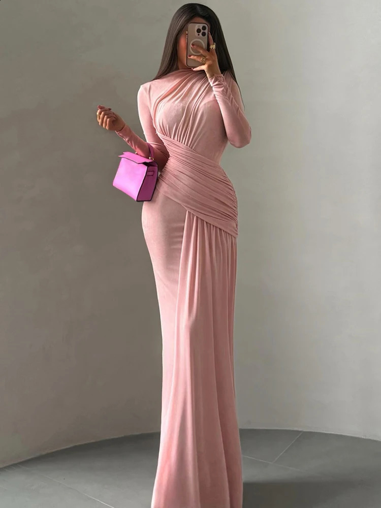 Sisterlinda Puss Elegant Thin Irregular Pleats Dress Women Patchwork Full Sleeve Classic Simple Skinny Evening Prom Bodycon 251022