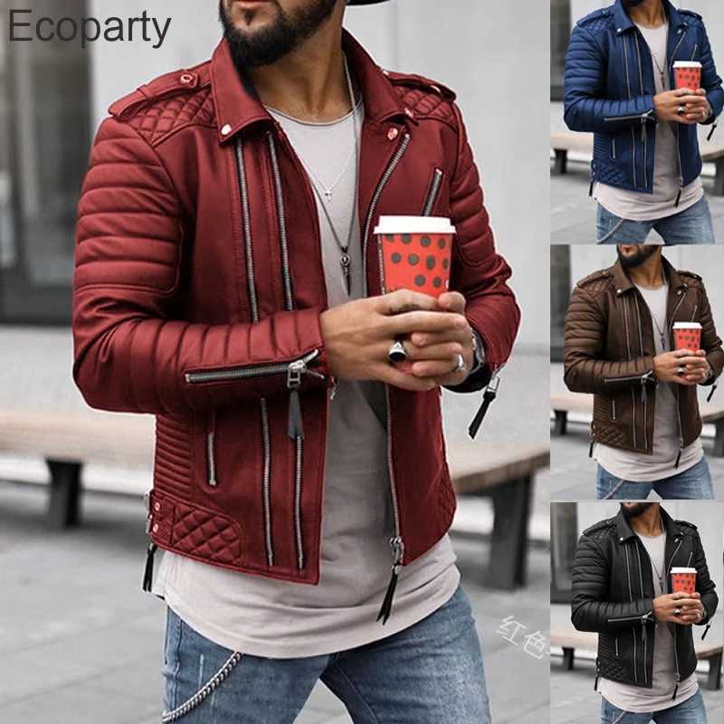 2023 Autumn Winter Mens Fashion Pu Leather Jacket Black Slim Lapel Zipper Coat Motorcycle Jacket Male Casual Clothing Outwear W251023